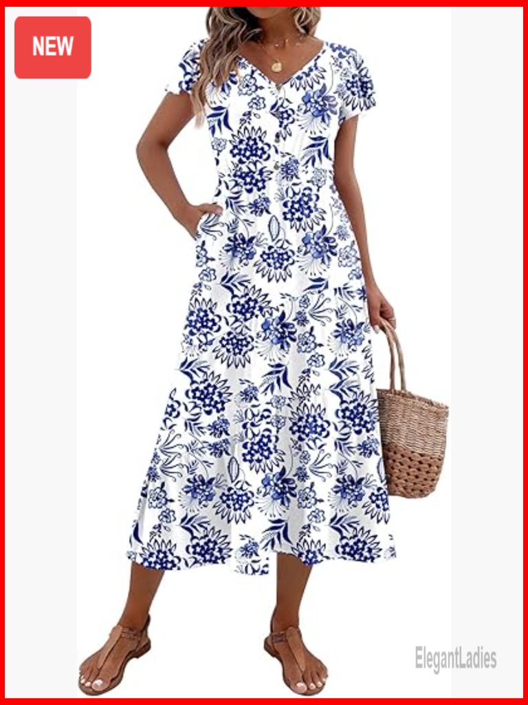 Flutter Short Sleeve V Neck Button Tiered Long Dress Pockets